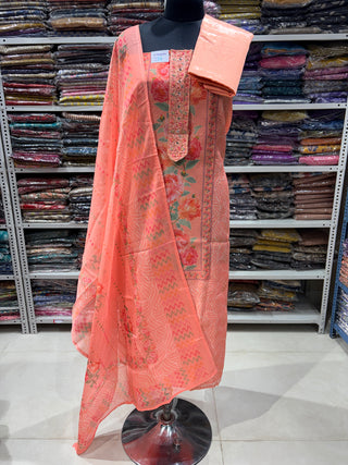 Peach Pure Maheshwari Party Wear Suit Fabric with embroidery