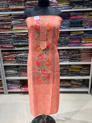 Peach Pure Maheshwari Party Wear Suit Fabric with embroidery