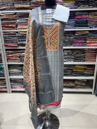 Maheshwari silk Party Wear Suit Fabric and maheshwari dupatta (Gray)