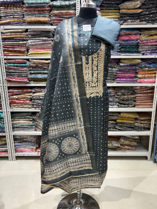 Dark Gray Blue Maheshwari Silk Office Wear Designer Suit fabric with maheshwari silk dupatta