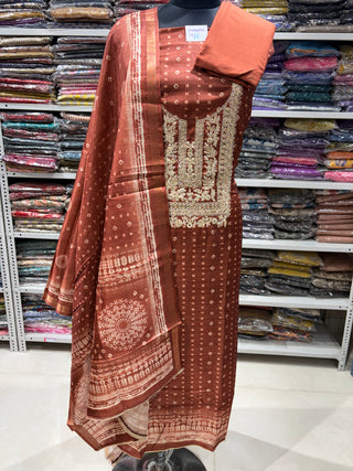 Brown Maheshwari Silk Office Wear Designer Suit fabric with maheshwari silk dupatta