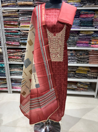 Rust color  Maheshwari  Silk Office Wear Designer Suit fabric with  silk dupatta