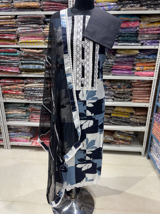 Black Office Wear Lace Work Suit fabric with Chiffon Dupatta
