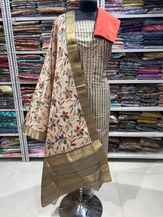 Brown Chikoo Color Party Wear Tussar Suit fabric with Tussar dupatta