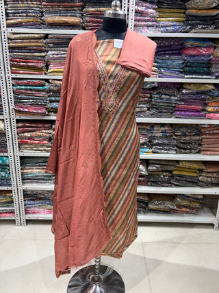 Brown Chikoo Color Party Wear Suit fabric with V Neck embroidery and muslin dupatta