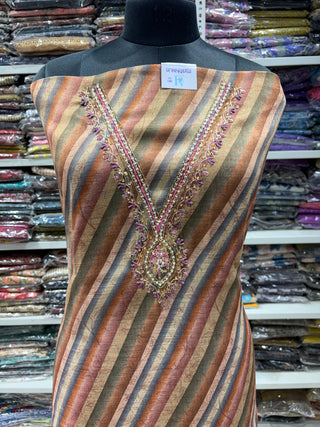 Brown Chikoo Color Party Wear Suit fabric with V Neck embroidery and muslin dupatta