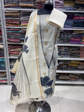 Cream Chanderi Office Wear Designer Suit fabric with silk dupatta