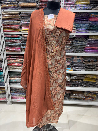 Brown Chikoo Color Tussar Party Wear Suit fabric with V Neck embroidery and muslin dupatta