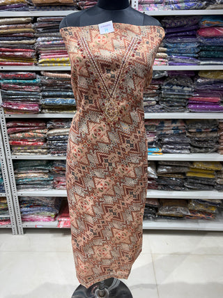 Brown Chikoo Color Tussar Party Wear Suit fabric with V Neck embroidery and muslin dupatta