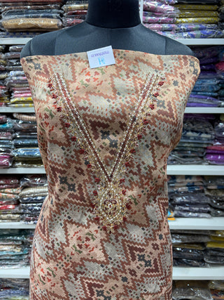 Brown Chikoo Color Tussar Party Wear Suit fabric with V Neck embroidery and muslin dupatta