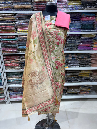 Beige Tussar Office Wear Designer Suit fabric with Tussar dupatta