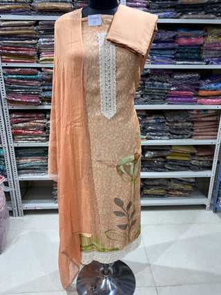 Beige Muslin Party Wear Suit Fabric with Pure Chiffon dupatta (With Extra Lining Included)