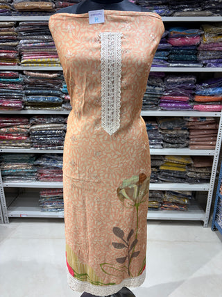 Beige Muslin Party Wear Suit Fabric with Pure Chiffon dupatta (With Extra Lining Included)