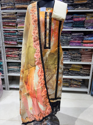Cream Muslin Party Wear Designer Suit Material with Digital Print Dupatta