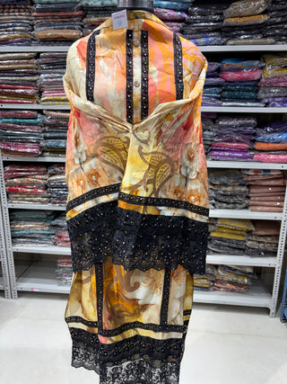 Cream Muslin Party Wear Designer Suit Material with Digital Print Dupatta
