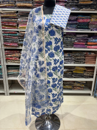 Cotton Handblock Office Wear Suit fabric with Kota Doria Dupatta