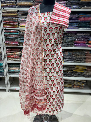 Sanganeri Print Cotton Handblock Office Wear Suit fabric with Sanganeri Kota Doria Dupatta