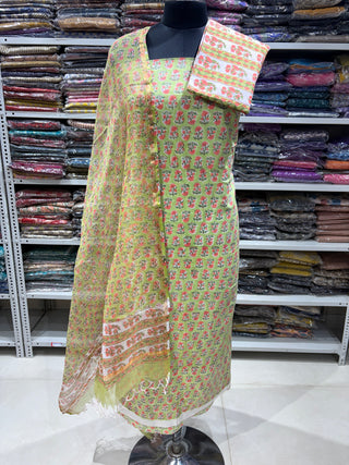 Handblock Cotton Office Wear Suit fabric with Kota doria Dupatta