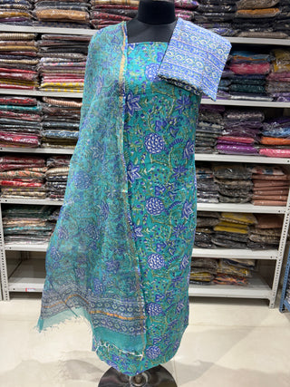 Cotton Handblock Office Wear Suit fabric top bottom with Kota Doria Dupatta
