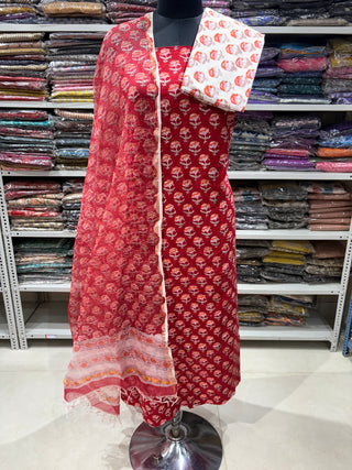 Handblock Cotton Office Wear Top Bottom and Dupatta Combo (Suit Fabric #2343)