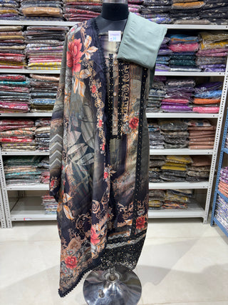 Black Party Wear Designer Suit fabric with lace work (With Extra Lining Included)