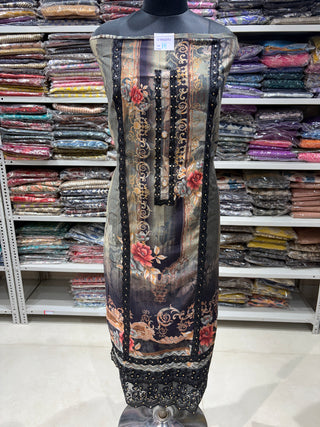 Black Party Wear Designer Suit fabric with lace work (With Extra Lining Included)