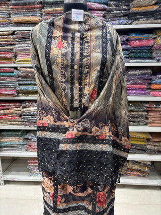 Black Party Wear Designer Suit fabric with lace work (With Extra Lining Included)