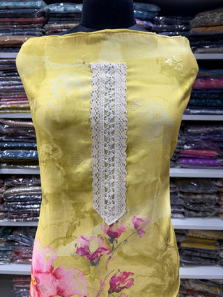 Yellow Cotton Party Wear Suit Fabric with Pure Chiffon dupatta