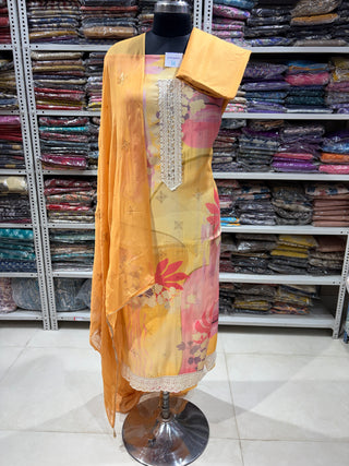 Yellow Cotton Party Wear Suit Fabric with Pure Chiffon dupatta