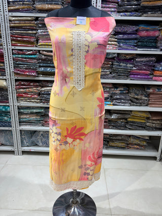 Yellow Cotton Party Wear Suit Fabric with Pure Chiffon dupatta