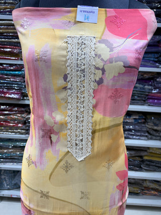Yellow Cotton Party Wear Suit Fabric with Pure Chiffon dupatta