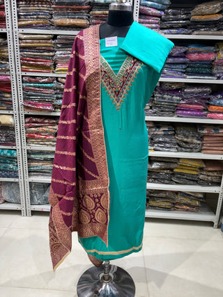 Blue Party Wear Designer Suit fabric with embroidery and banarasi dupatta