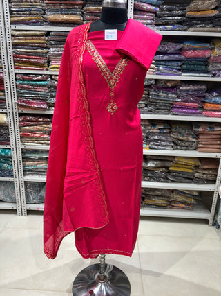 Rani color Party Wear Designer Suit fabric with embroidery and banarasi dupatta