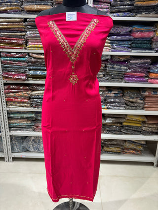 Rani color Party Wear Designer Suit fabric with embroidery and banarasi dupatta