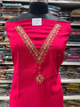 Rani color Party Wear Designer Suit fabric with embroidery and banarasi dupatta