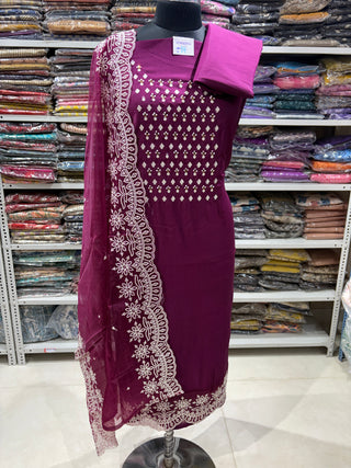 Wine color Party Wear Suit with Neck embroidery and organic organza dupatta with lace work