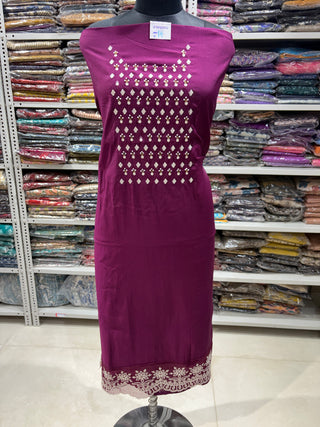 Wine color Party Wear Suit with Neck embroidery and organic organza dupatta with lace work