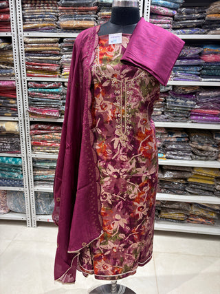 Wine Color Party Wear Suit fabric with Neck embroidery and muslin dupatta