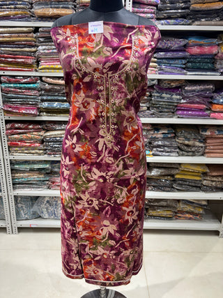 Wine Color Party Wear Suit fabric with Neck embroidery and muslin dupatta
