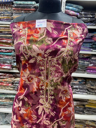 Wine Color Party Wear Suit fabric with Neck embroidery and muslin dupatta