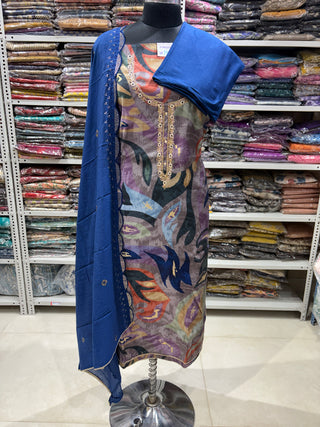 Blue Modal Silk Party Wear Designer Suit fabric with neck embroidery