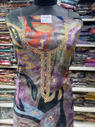 Blue Modal Silk Party Wear Designer Suit fabric with neck embroidery