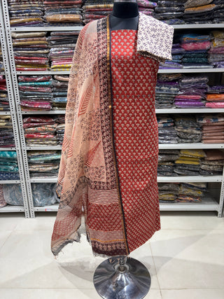 Red Cotton Handblock Office Wear Suit fabric with Kota Doria Dupatta