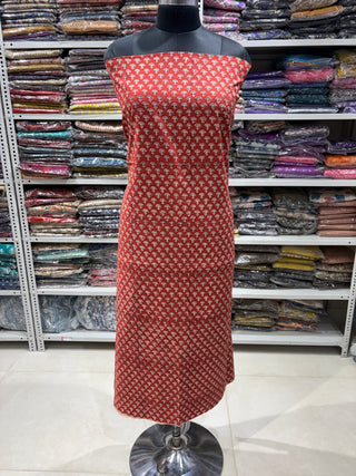 Red Cotton Handblock Office Wear Suit fabric with Kota Doria Dupatta