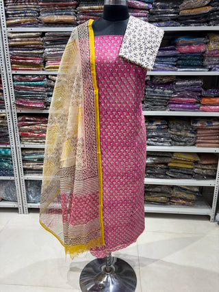 Pink Cotton Handblock Office Wear Suit fabric with Kota Doria Dupatta