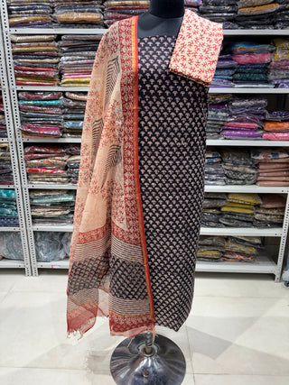 Black Cotton Handblock Office Wear Suit fabric with Kota Doria Dupatta