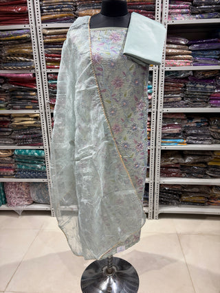 Blue Firozi Organza Party Wear Suit Fabric with embroidery organza dupatta