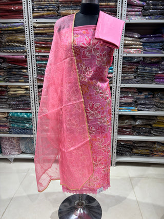 Pink Organza Party Wear Suit Fabric with embroidery organza dupatta