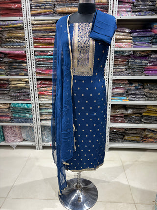 Dola Silk Party Wear Designer Suit fabric with Chiffon dupatta