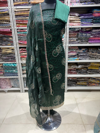 Green Crushed Shimmer Party Wear Designer Suit fabric with dupatta
